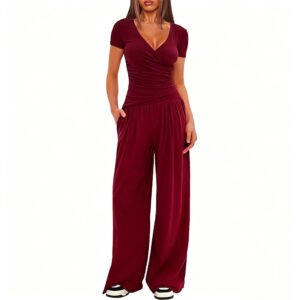 Women’s 2-Piece Casual Set – V-Neck Top & Wide-Leg Pants