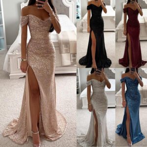 Elegant Burgundy Off-Shoulder Sequin Split Evening Dress